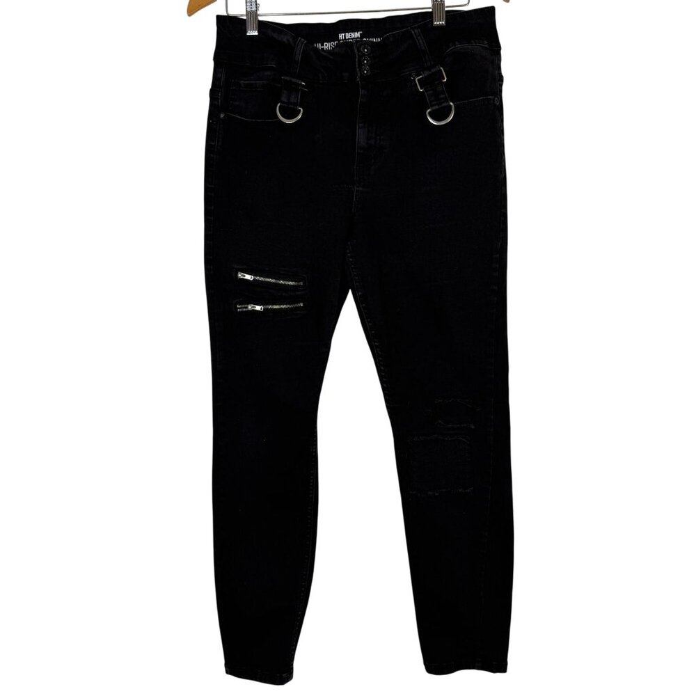 Hot Topic Black Skinny Jeans Sz 13 Zippers Patches Straps D-Rings Punk Emo Goth